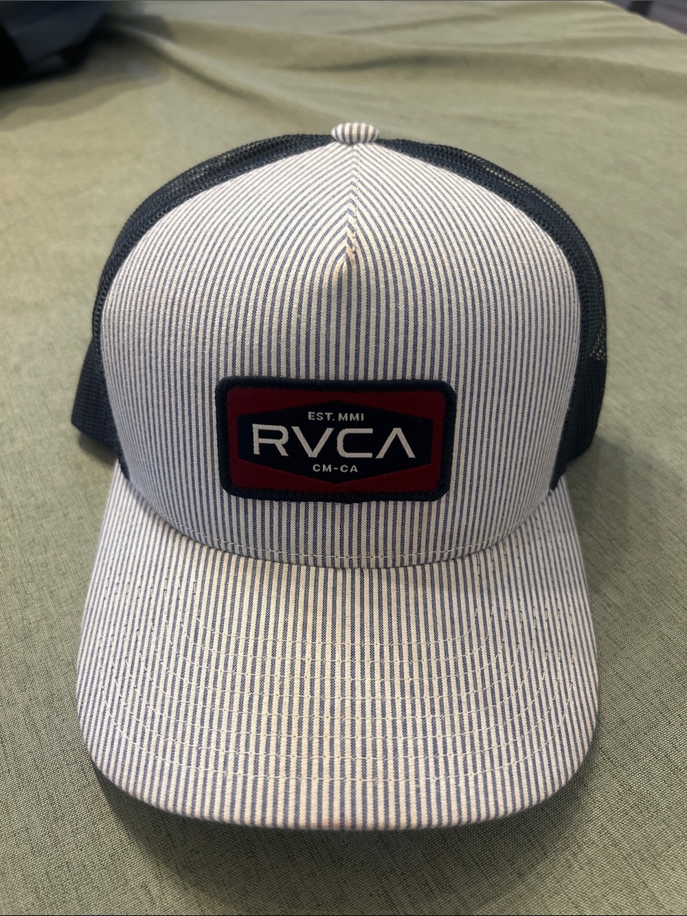 RVCA Navy & White Pinstripe Trucker Hat with Red Logo Patch